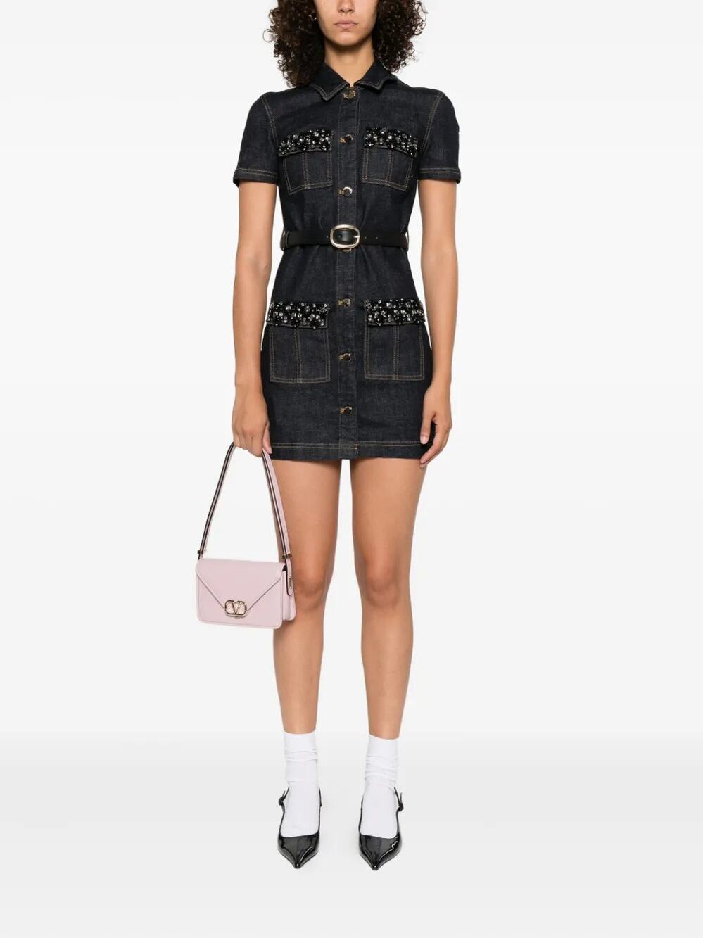 NWT Self Portrait Embellished Denim Mini Dress Black Size 0